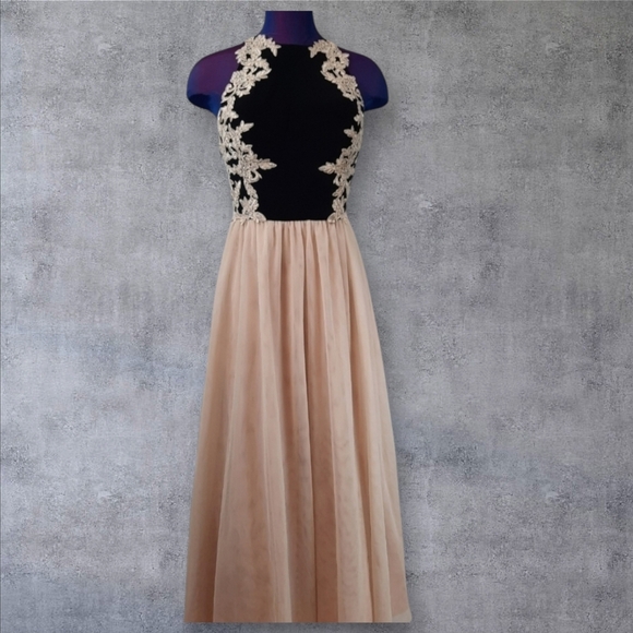 Blondie Nites Prom Dress Nude and Black Tulle Lace A-Line Dress Size 11 Juniors - Picture 1 of 12